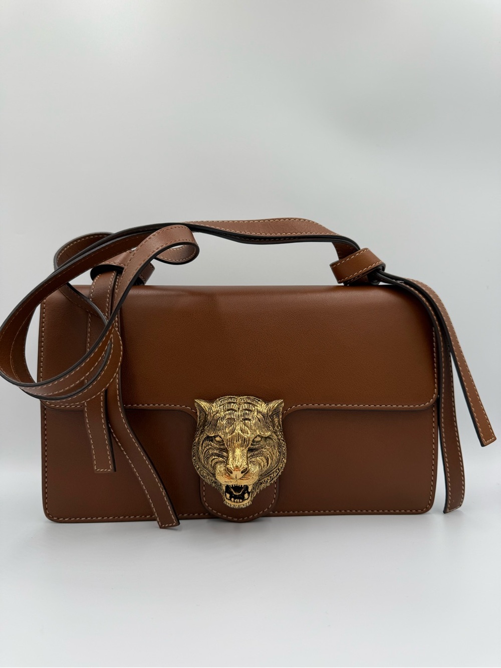 Gucci Brown Leather Animalier Shoulder Bag with Gold Tiger Head